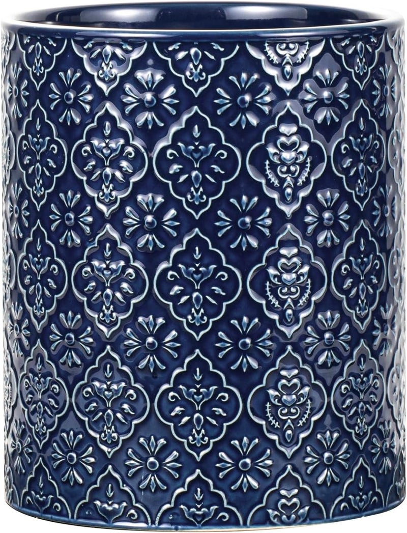 MIKIGEY Kitchen Utensil Holder, 6x7 inch Large Ceramic Utensil Holder with Embossed Pattern, Cooking Utensil Crocks for Kitchen Countertop, Home Decor, Blue - Image 1